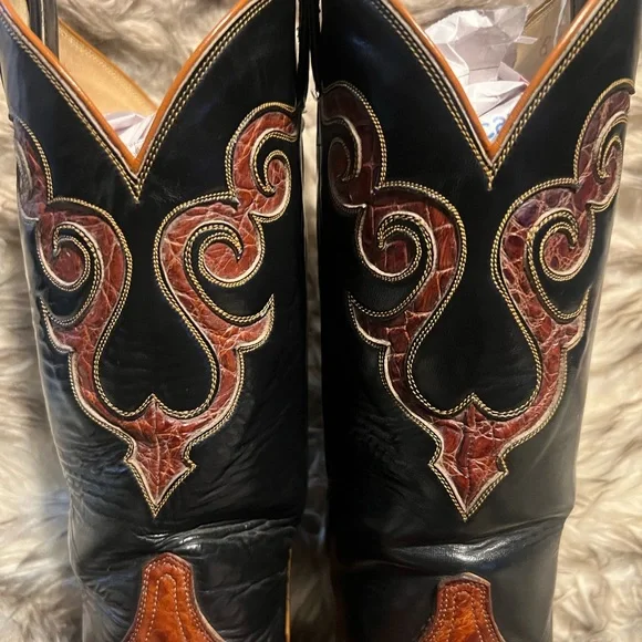 Tony Lama MEN CAIMAN & LEATHER WESTERN BOOTS-cognac-Sz 8 D - Picture 5 of 15